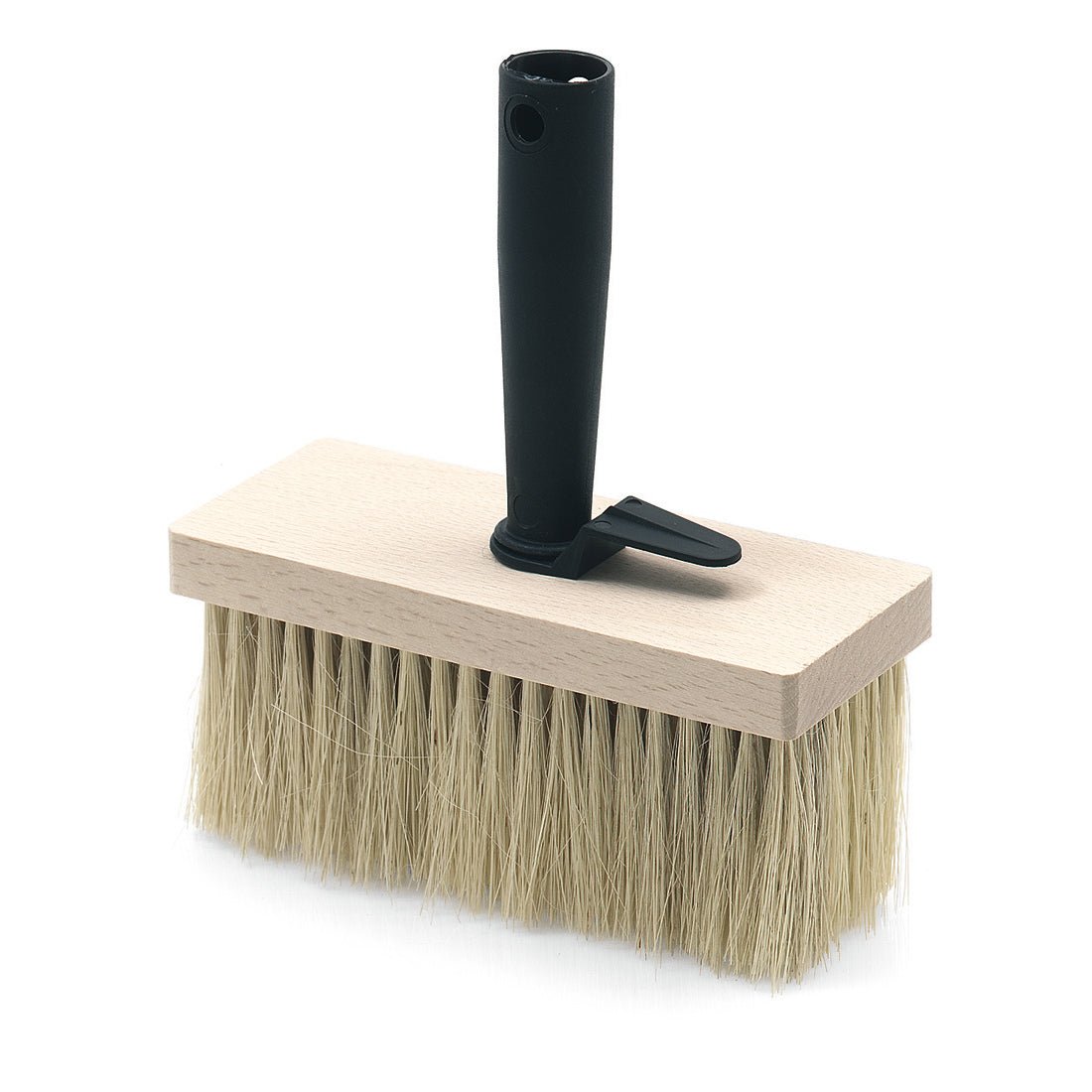 De Nölle Profi Brush plafondborstel van Bürsten- & Pinseltechnik e.K. heeft een 17x7 cm grote, rechthoekige, platte houten basis, hittebestendige natuurvezelborstels en een schuin geplaatste zwarte kunststof handgreep.