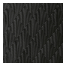 De Duni Elegance®-servet Crystal in de maat 40 x 40 cm in zwart heeft een gestructureerd oppervlak met verhoogde, ruitvormige secties. Elke ruit bevat vier kleinere driehoeken in een verfijnd geometrisch ontwerp in uniforme donkergrijze of zwarte kleur van Duni GmbH. De verpakking bevat 40 servetten.