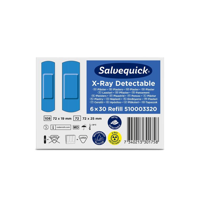 Boîte de Orkla Wound Care AB Salvequick détectable aux rayons X (30 pièces/recharge), paquet de 6 pièces, montre des pansements bleus à gauche et à droite avec des informations produit comme la taille, la quantité et un texte multilingue.
