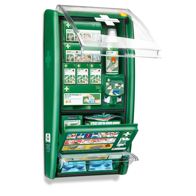 Die Orkla Wound Care AB Cederroth erste hilfe & verbrennungsstation (1 Packung) ist ein grünes, an der Wand montiertes Set mit beschrifteten Fächern für Bandagen, Verbrennungsgel, Verbände und Verbrauchsmaterial; durchsichtige Abdeckungen machen den Inhalt und die Gebrauchsanweisungen sichtbar.