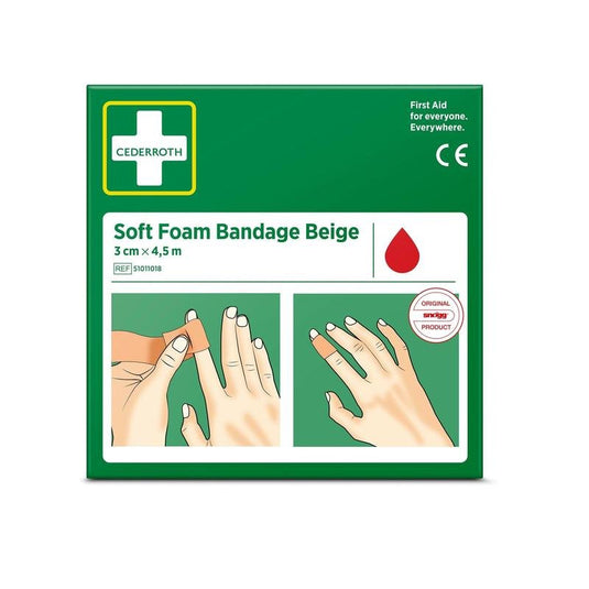 Een groene doos met de opschrift „Cederroth soft foam verband beige 3x450 cm | Verpakking (1 stuk)” van Orkla Wound Care AB, met een gebruiksaanwijzing voor het aanbrengen van een vingerverband, een rood druppelsymbool en de tekst: „Eerste hulp voor iedereen. Overal.”