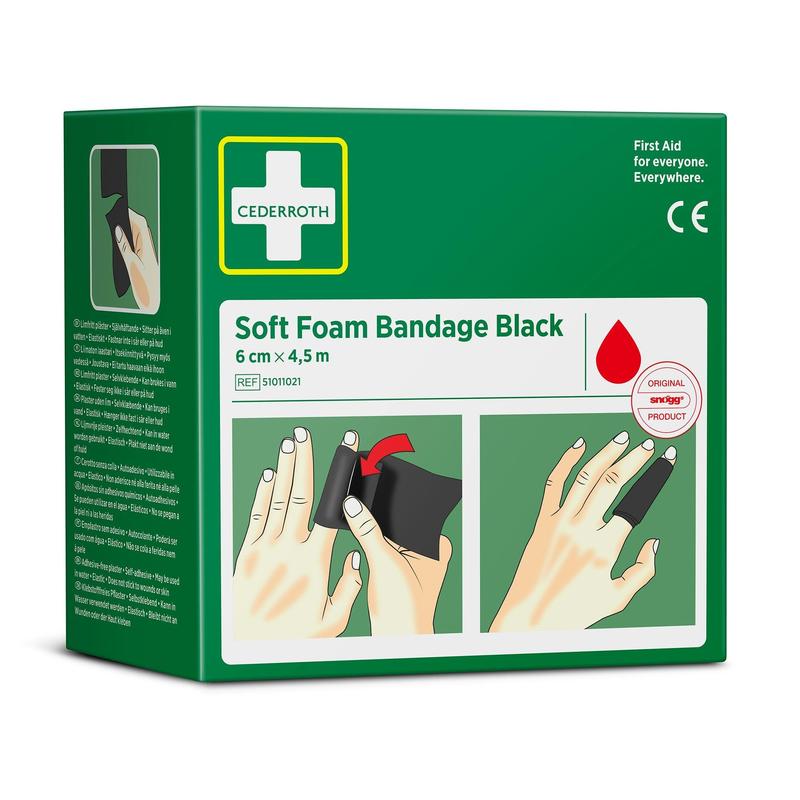 Een groene doos met het opschrift "Cederroth soft foam bandage zwart 6 cm x 4,5m | Verpakking (1 stuk)" van Orkla Wound Care AB, met afbeeldingen van zwarte schuimvingerbandages en een rood druppelsymbool.