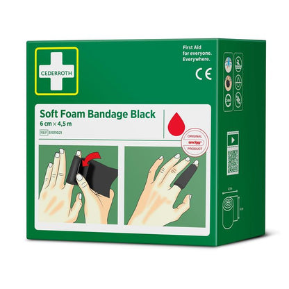Groene doos van Orkla Wound Care AB Cederroth zachte schuimverband zwart 6 cm x 4,5m (1 stuk). De voorkant toont afbeeldingen van handen die een zwart verband om de vingers wikkelen, met productdetails in witte en zwarte letters.