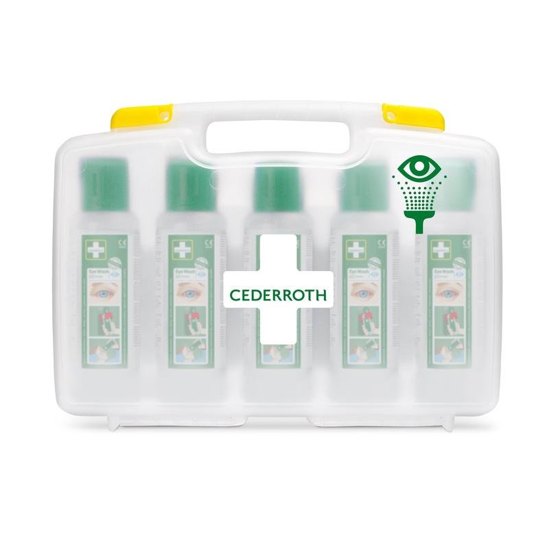 De Cederroth Oogspoeling (5x500ml) in draagbare etui van Orkla Wound Care AB biedt vijf flessen in een transparante koffer met gele handgreep - perfect gemarkeerd en ideaal voor oogspoeling op de werkplek. REF 7255 vervangen | Verpakking (1 stuk).