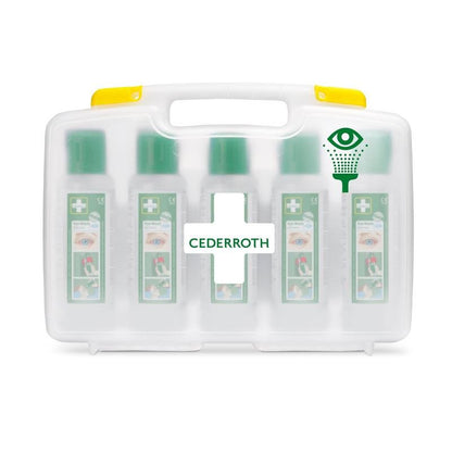 De Cederroth Oogspoeling (5x500ml) in draagbare etui van Orkla Wound Care AB biedt vijf flessen in een transparante koffer met gele handgreep - perfect gemarkeerd en ideaal voor oogspoeling op de werkplek. REF 7255 vervangen | Verpakking (1 stuk).