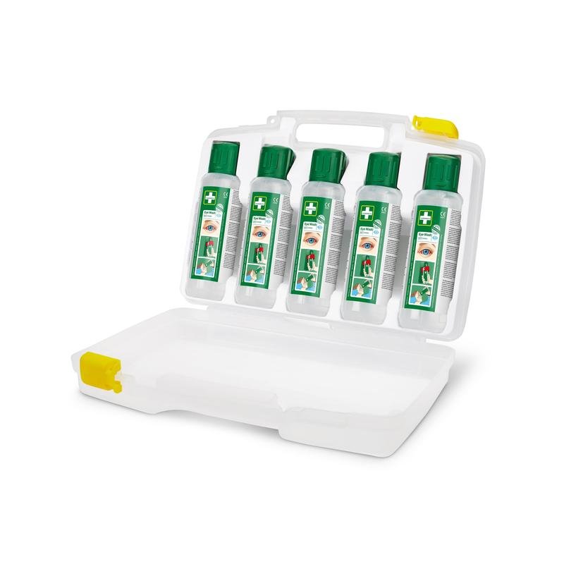 De Orkla Wound Care AB Cederroth Oogspoeling (5x500ml) in draagbare etui (REF 7255 vervangen) wordt geleverd in een witte kunststof koffer met vijf doorzichtige flessen, elk voorzien van een groene dop en een oogverzorgingsetiket - ideaal voor elke werkomgeving.
