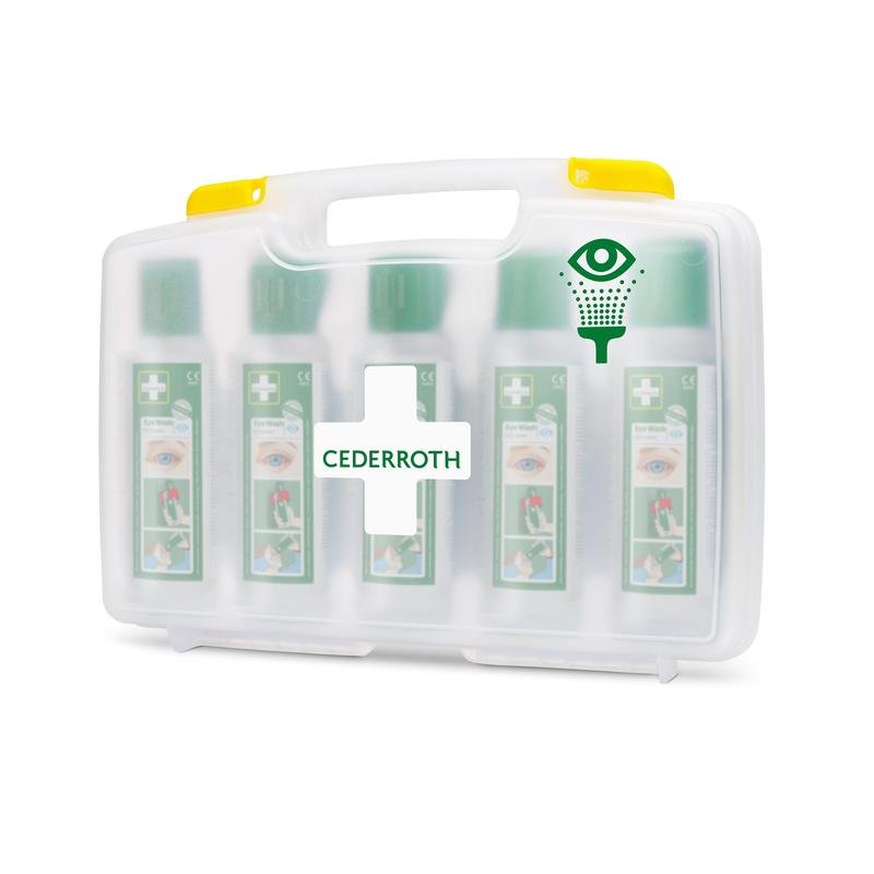 De Orkla Wound Care AB Cederroth Oogspoeling (5x500ml) in draagbare etui, REF 7255, bestaat uit een witte kunststof koffer met handgreep, transparante voorkant, groen kruis en oogspoelingssymbool, waarin zich vijf flessen bevinden.