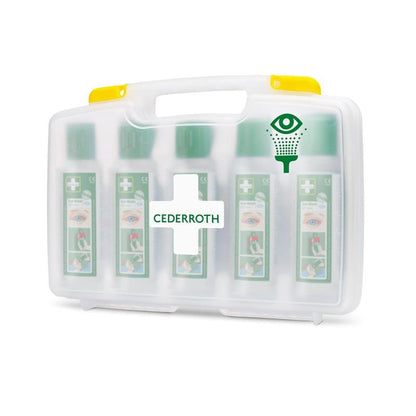De Orkla Wound Care AB Cederroth Oogspoeling (5x500ml) in draagbare etui, REF 7255, bestaat uit een witte kunststof koffer met handgreep, transparante voorkant, groen kruis en oogspoelingssymbool, waarin zich vijf flessen bevinden.