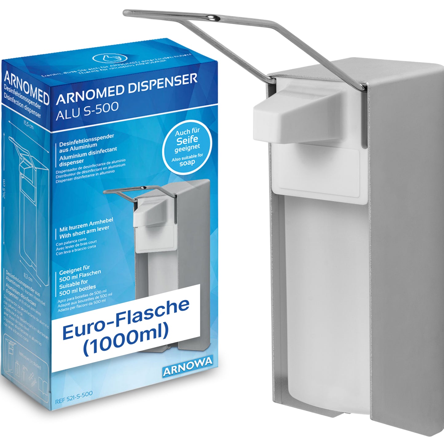 Ein hygienischer Seifen- und Desinfektionsmittelspender aus Aluminium von ARNOWA GmbH, gezeigt neben seiner blau-weißen Verpackung mit Produktdetails auf Deutsch. Modell: ARNOMED DISPENSER, passend für Euro-Flaschen (1000 ml).