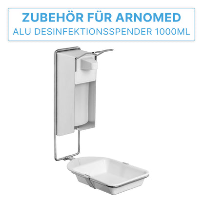 BAC D'ÉGOUTTEMENT DISPENSER ARNOMED monté au mur de la société ARNOWA GmbH, un bac d'égouttement en aluminium pour les distributeurs de savon et de désinfectant ARNOMED ; inclus un bac de récupération/égouttement blanc en dessous. Texte allemand en haut : "Accessoire pour distributeur de désinfectant Arnomed Alu 1000ml."