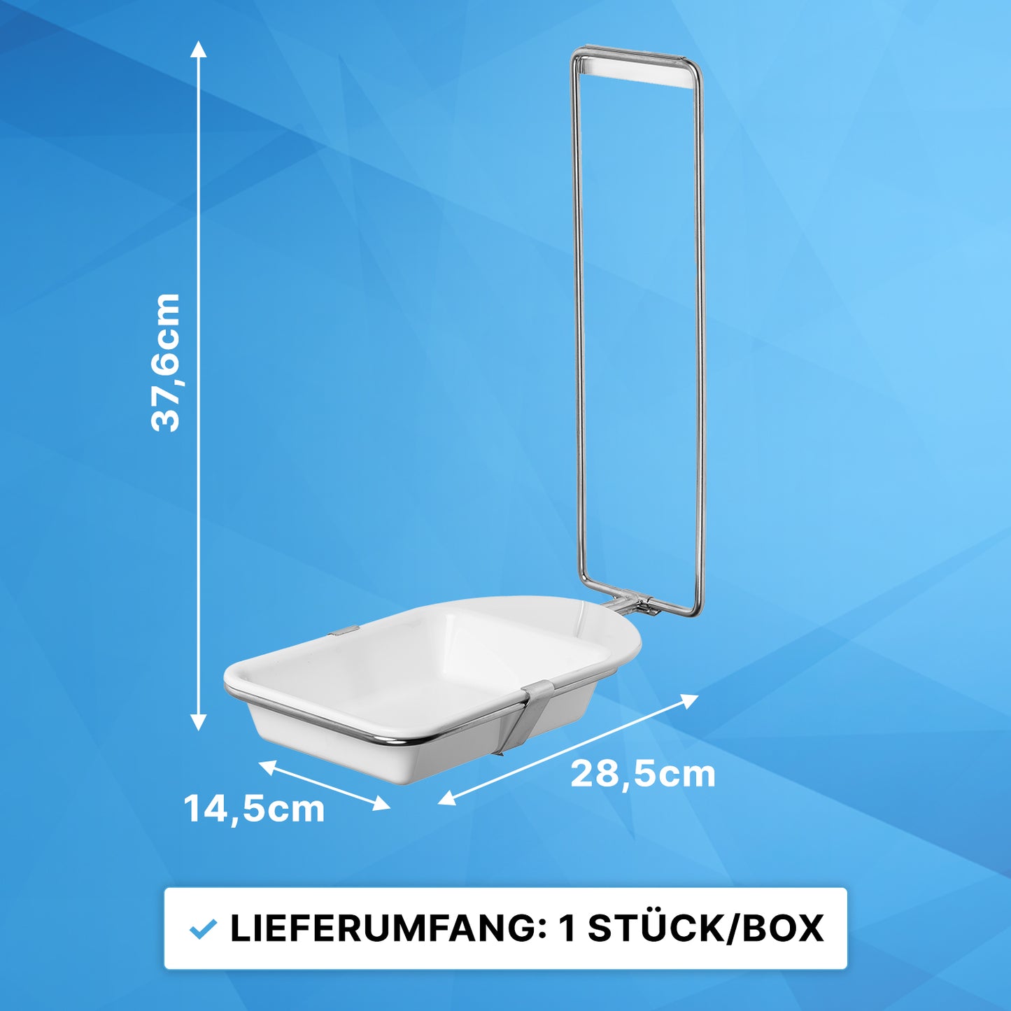 BAC D'ÉGOUTTEMENT DISPENSER ARNOMED blanc rectangulaire de la société ARNOWA GmbH, 37,6 cm de haut, 14,5 cm de large, 28,5 cm de long, fixé sur un cadre métallique ; texte en bas : "Contenu de la livraison : 1 pièce/boîte." Fond géométrique bleu.