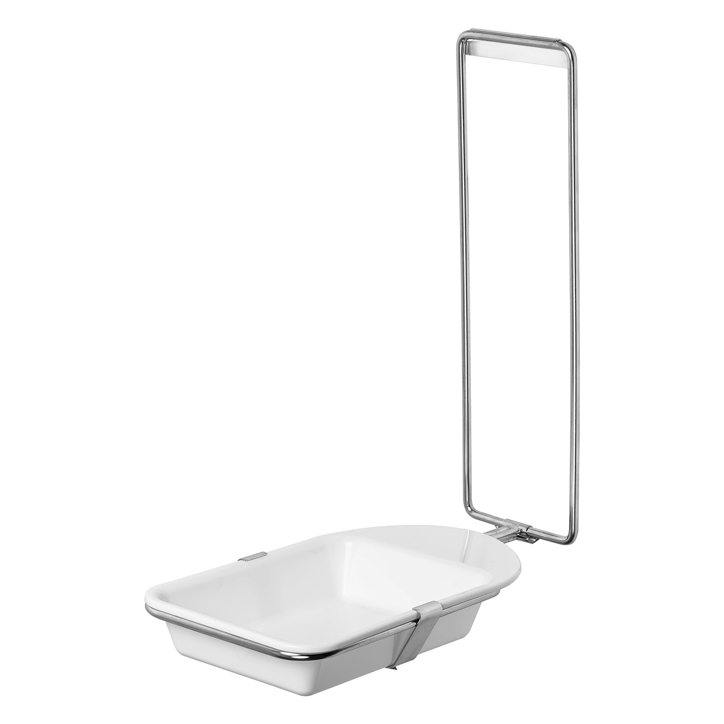 Le BAC D'ÉGOUTTEMENT DISPENSER ARNOMED de la société ARNOWA GmbH est un bac d'égouttement blanc, rectangulaire, avec des bords relevés, fixé à un cadre métallique rabattable et se tenant debout. Idéal comme bac de récupération pour les distributeurs de savon et de désinfectant ARNOMED.