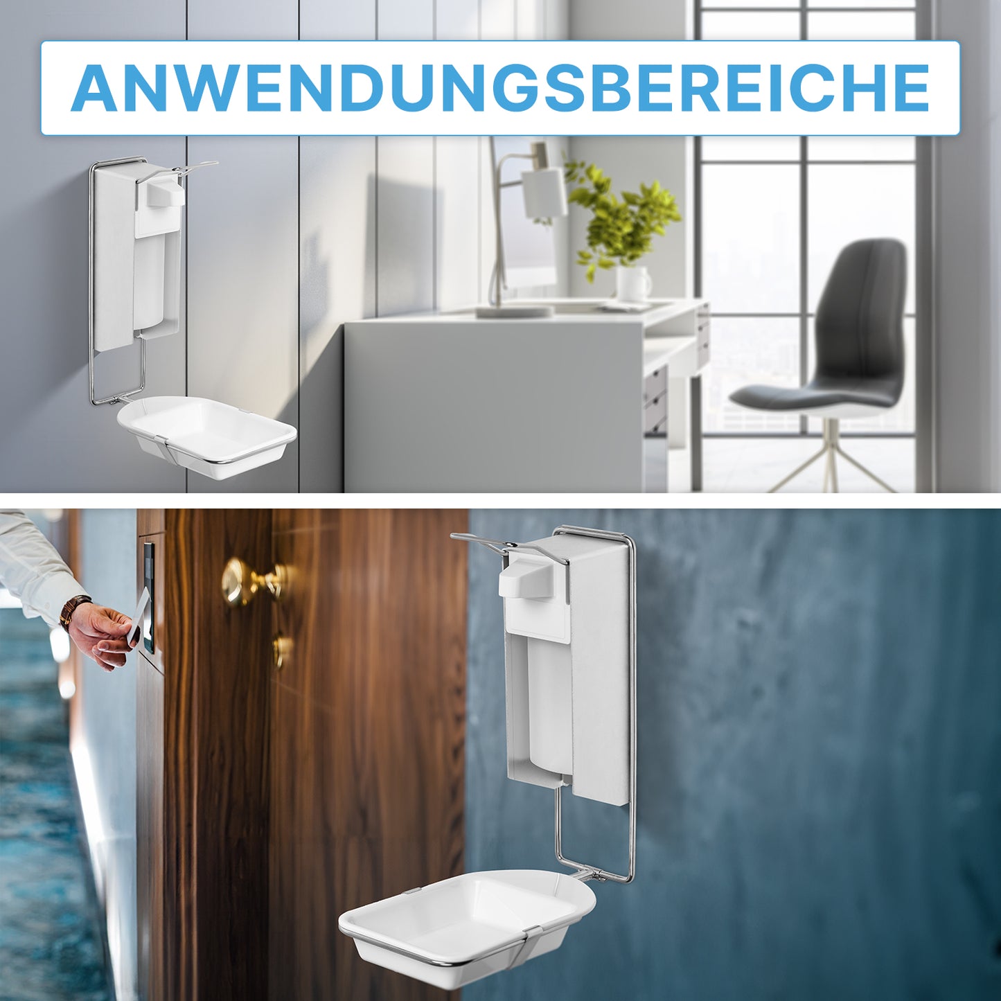 Le BAC D'ÉGOUTTEMENT DISPENSER ARNOMED, un bac d'égouttement pour les distributeurs de savon et de désinfectant de la société ARNOWA GmbH, est monté au mur dans un bureau et à une entrée où il est utilisé. En haut, il est écrit "DOMAINES D'APPLICATION".