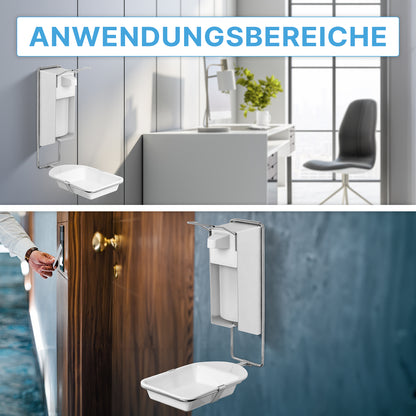 Le BAC D'ÉGOUTTEMENT DISPENSER ARNOMED, un bac d'égouttement pour les distributeurs de savon et de désinfectant de la société ARNOWA GmbH, est monté au mur dans un bureau et à une entrée où il est utilisé. En haut, il est écrit "DOMAINES D'APPLICATION".