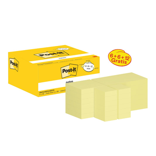 Ein 3M Post-it® Notes Pack in gelb mit verschiedenen Größen wird gezeigt. Auf dem Bild steht "6+6+12 Gratis" in rotem Text auf gelbem Kreis. Die Packung enthält 12 Blöcke plus 12 gratis, insgesamt 24 Blöcke à 100 Blatt, kartonverpackt.