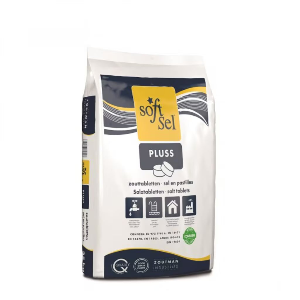 Een wit-gele 25-kg-zak met het opschrift "Zouttabletten" voor waterontharding is voorzien van meertalige tekst, industriële toepassingssymbolen en het merk "Diversey Deutschland GmbH & Co. OHG" aan de onderkant.