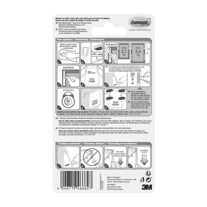 Achterkant van een 3M Deutschland GmbH Smalle Command™ Bevestigingsstrips voor schilderijen (M) 17207 verpakking met geïllustreerde gebruiks-/verwijderingsinstructies, specificaties, veiligheidsinformatie, meertalige tekst en de opmerking dat de strips residuvrij te verwijderen zijn.