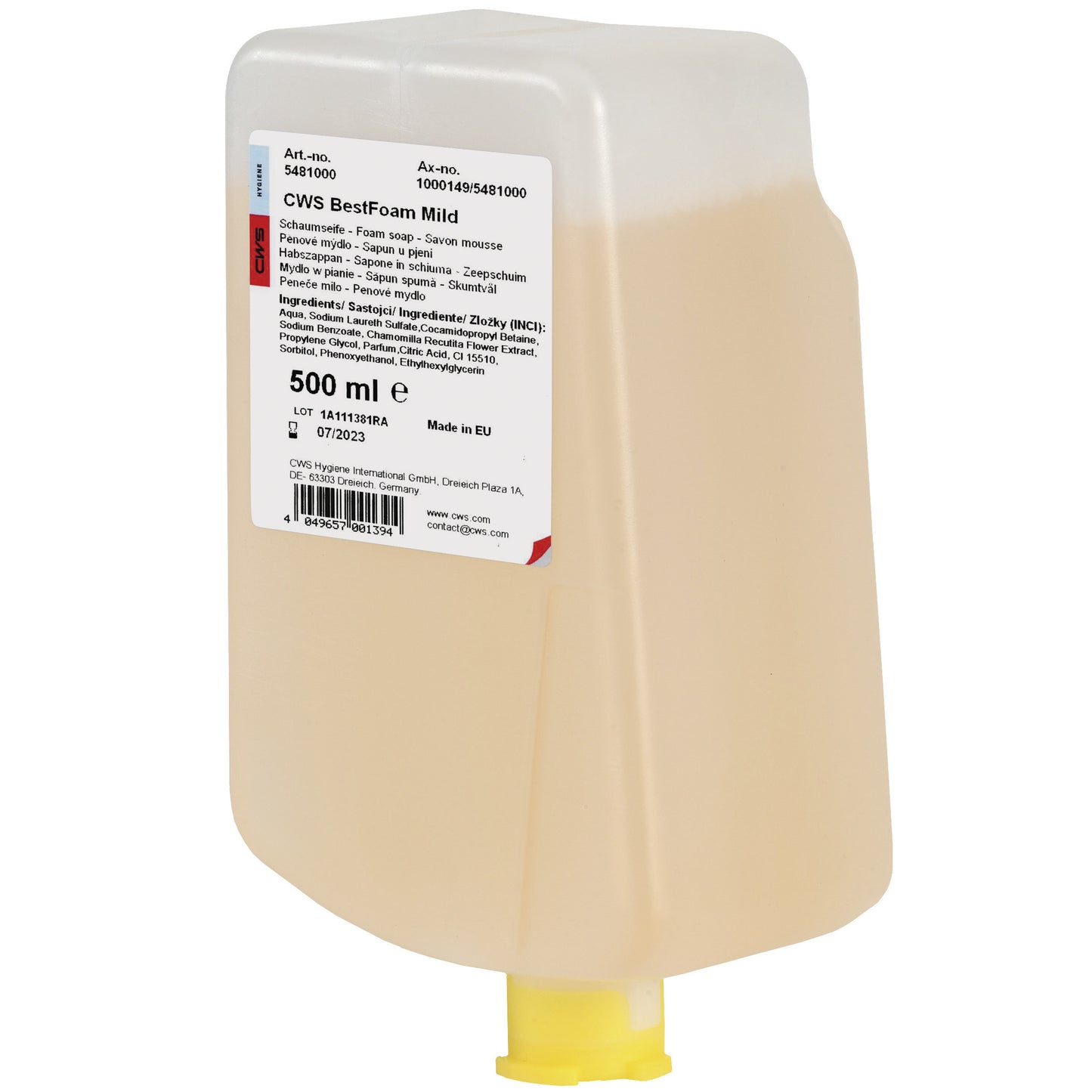 Distributeur en plastique rectangulaire avec 500 ml de mousse de savon CWS BestFoam Mild, idéal pour les peaux sensibles, avec sortie au fond et étiquette multilingue blanche. Idéal pour l'hygiène quotidienne des mains. Marque : CWS.