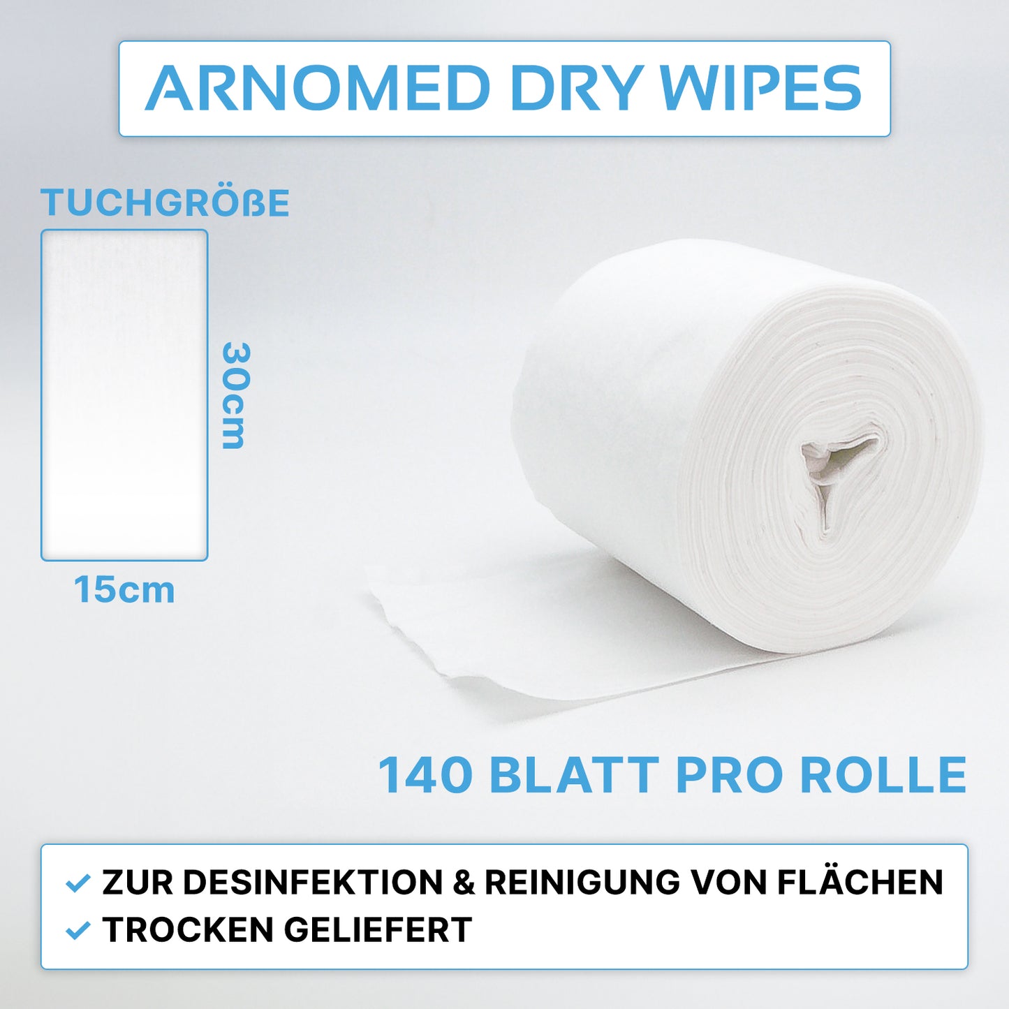 ARNOWA GmbH propose avec les rouleaux de lingettes sèches ARNOMED DRY WIPES, 30x15cm, 140 feuilles par rouleau, des lingettes idéales et sans peluche pour le nettoyage et la désinfection des surfaces.