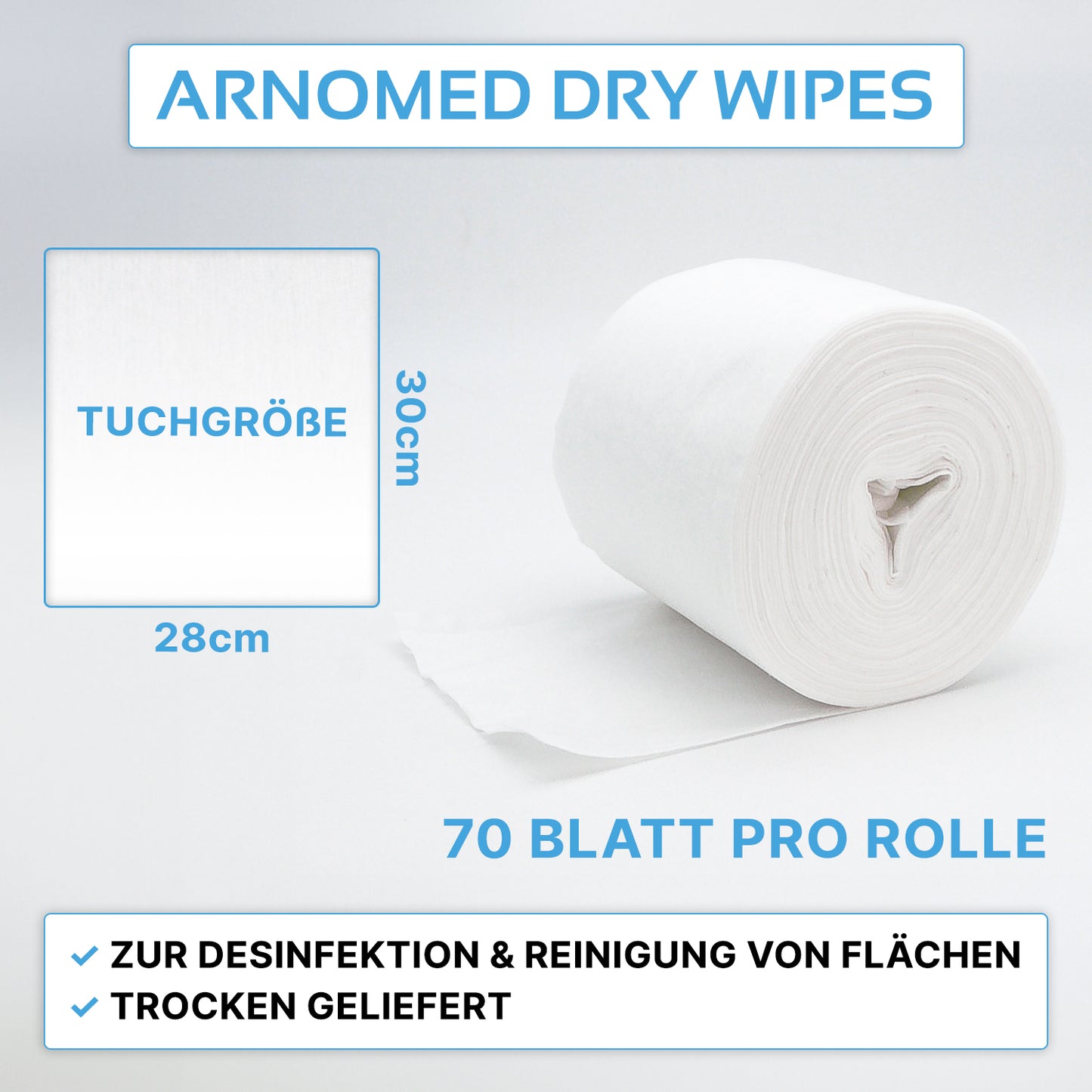 Une image montre un rouleau blanc ARNOMED DRY WIPES de ARNOWA GmbH. Chaque rouleau contient 70 feuilles (30 x 28 cm), parfait pour le nettoyage des surfaces et pour être imbibé de désinfectant.