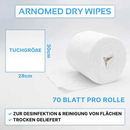 Une image montre un rouleau blanc ARNOMED DRY WIPES de ARNOWA GmbH. Chaque rouleau contient 70 feuilles (30 x 28 cm), parfait pour le nettoyage des surfaces et pour être imbibé de désinfectant.