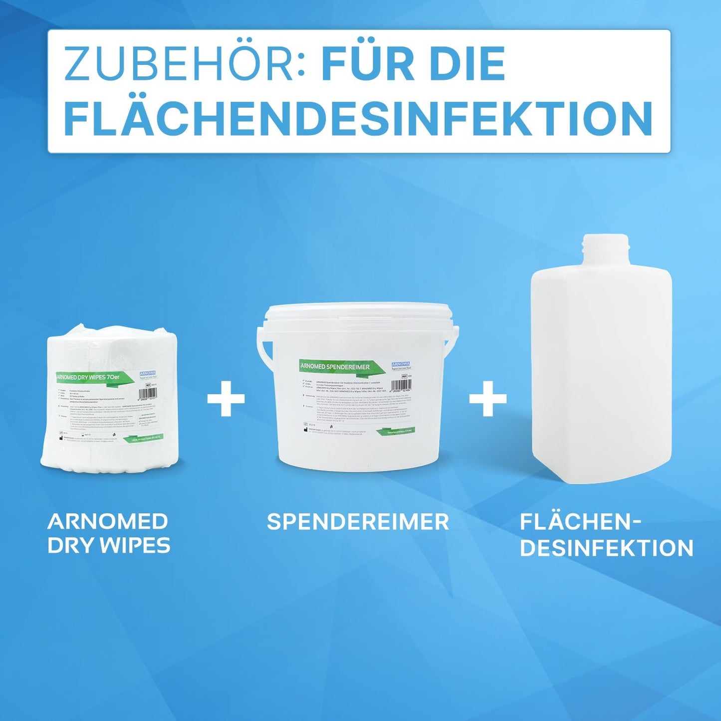Sur fond bleu, trois produits de ARNOWA GmbH sont illustrés : rouleaux de lingettes sèches ARNOMED DRY WIPES, un seau distributeur blanc et une bouteille de désinfectant pour surfaces blanche, avec un texte allemand sur les accessoires de désinfection des surfaces.