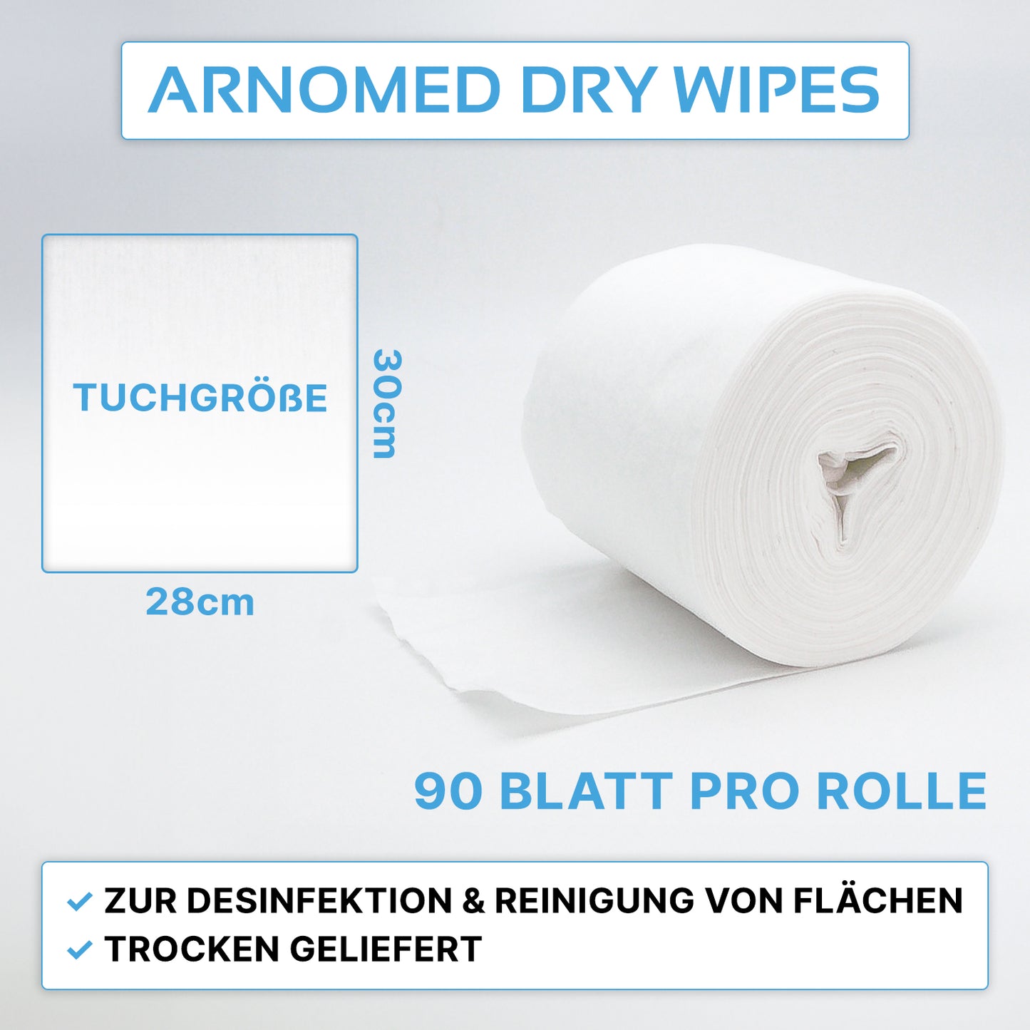 Un rouleau ARNOMED DRY WIPES de ARNOWA GmbH est illustré avec une feuille partiellement déroulée. Chaque lingette mesure 30 × 28 cm ; chaque rouleau contient 90 feuilles - idéal pour être imbibé de désinfectant pour le nettoyage et la désinfection des surfaces.