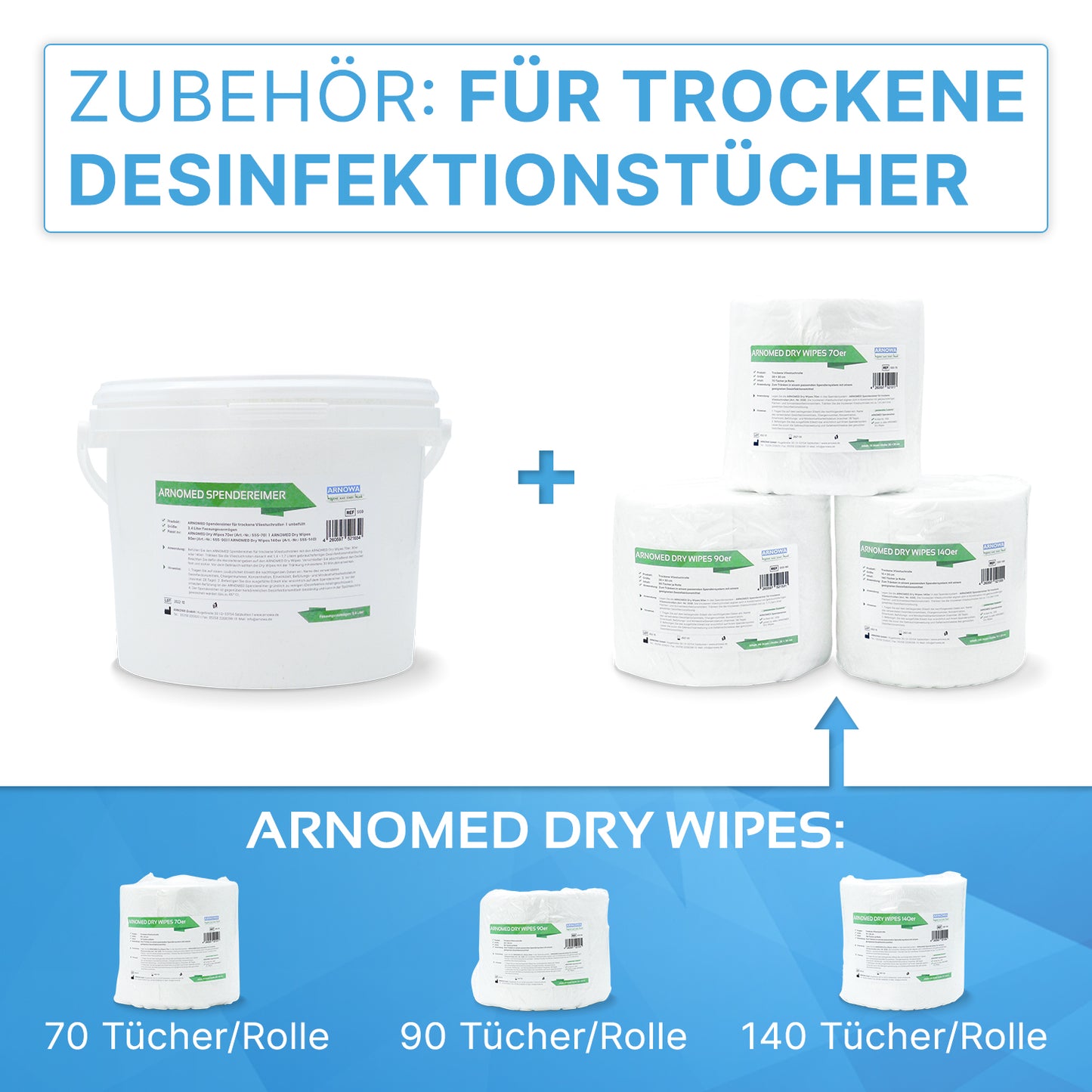 Links: Weißer ARNOMED Spendereimer mit der Aufschrift "Arnomed Sprühcremer" der ARNOWA GmbH. Rechts: Drei ARNOMED Spendereimer für Vliestuchrollen (70, 90, 140 Tücher) - ideal für die Desinfektion.