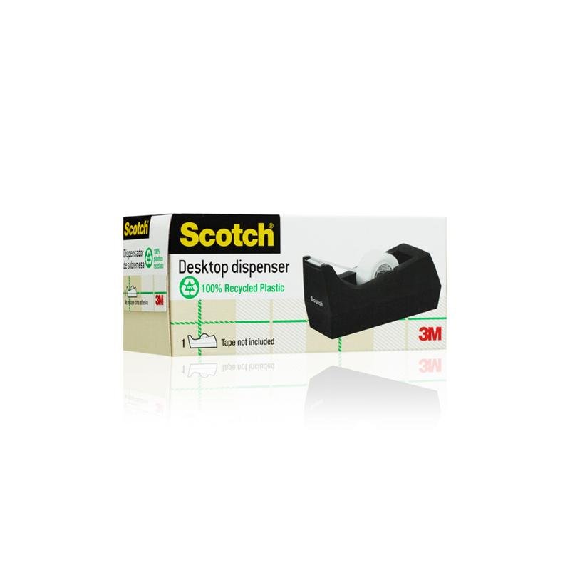 Une boîte avec le dévidoir de ruban adhésif de bureau Scotch™ C38 en noir de 3M Deutschland GmbH. L'emballage met en avant le dévidoir, indique qu'aucun ruban n'est inclus, et est idéal comme accessoire de bureau.