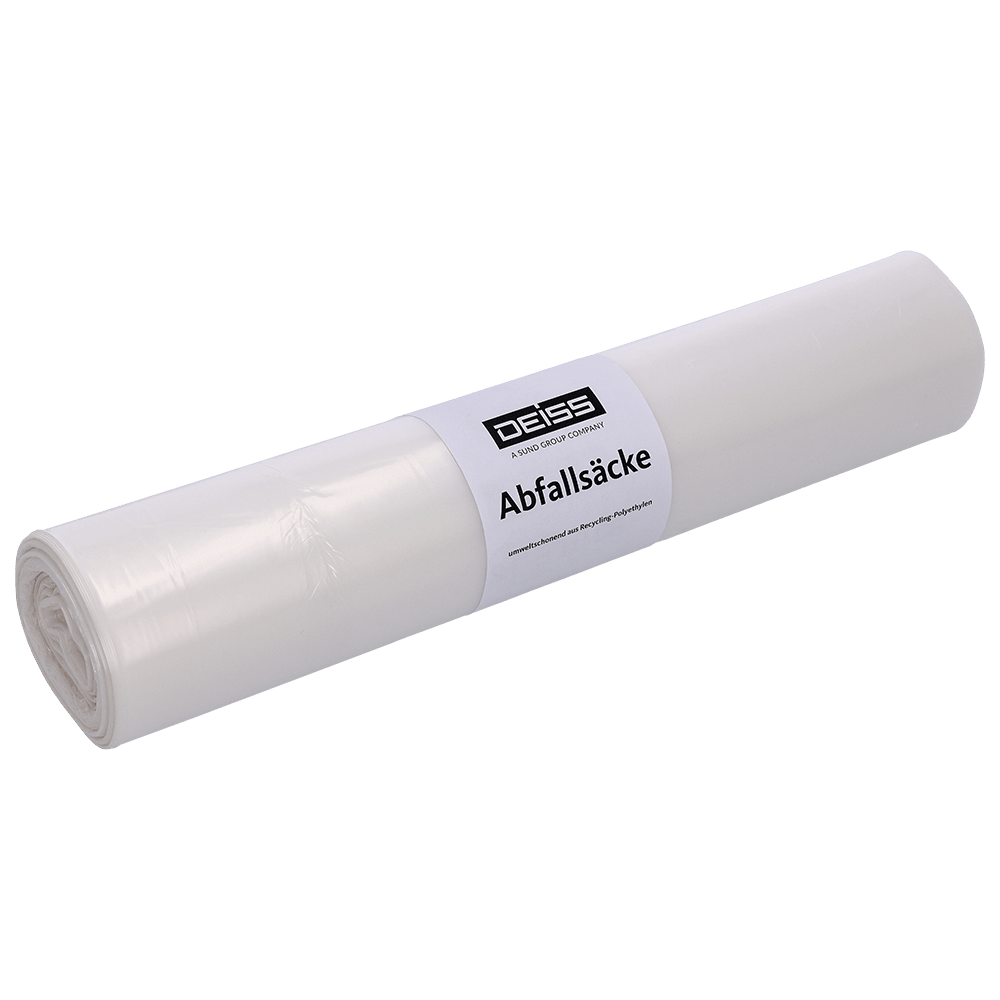 Afgebeeld is een rol EMIL DEISS KG-afvalzakken DEISS 59001 (700x1100 mm Type 20 transparant, 50 stuks) op een witte achtergrond - perfect voor de verpakking en de praktische afvalverwijdering in een praktisch, transparant rolontwerp.