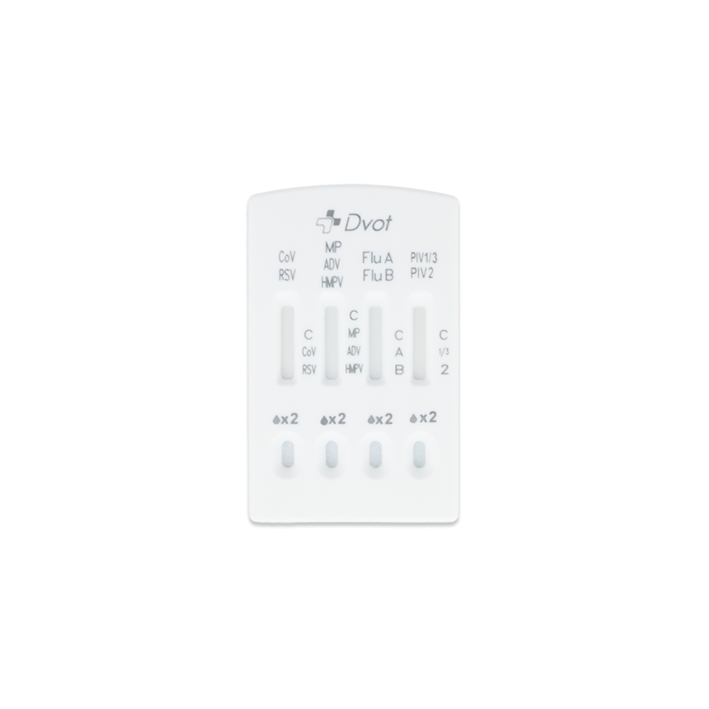 La cassette de test Altruan Combo 9in1 DVOT Professional offre quatre fenêtres de résultat pour le SARS-CoV-2, la grippe A+B, le RSV, l'adénovirus, le hMPV, le PIV 1/3/2 et le mycoplasme - une solution de test rapide blanche efficace dans un seul emballage.