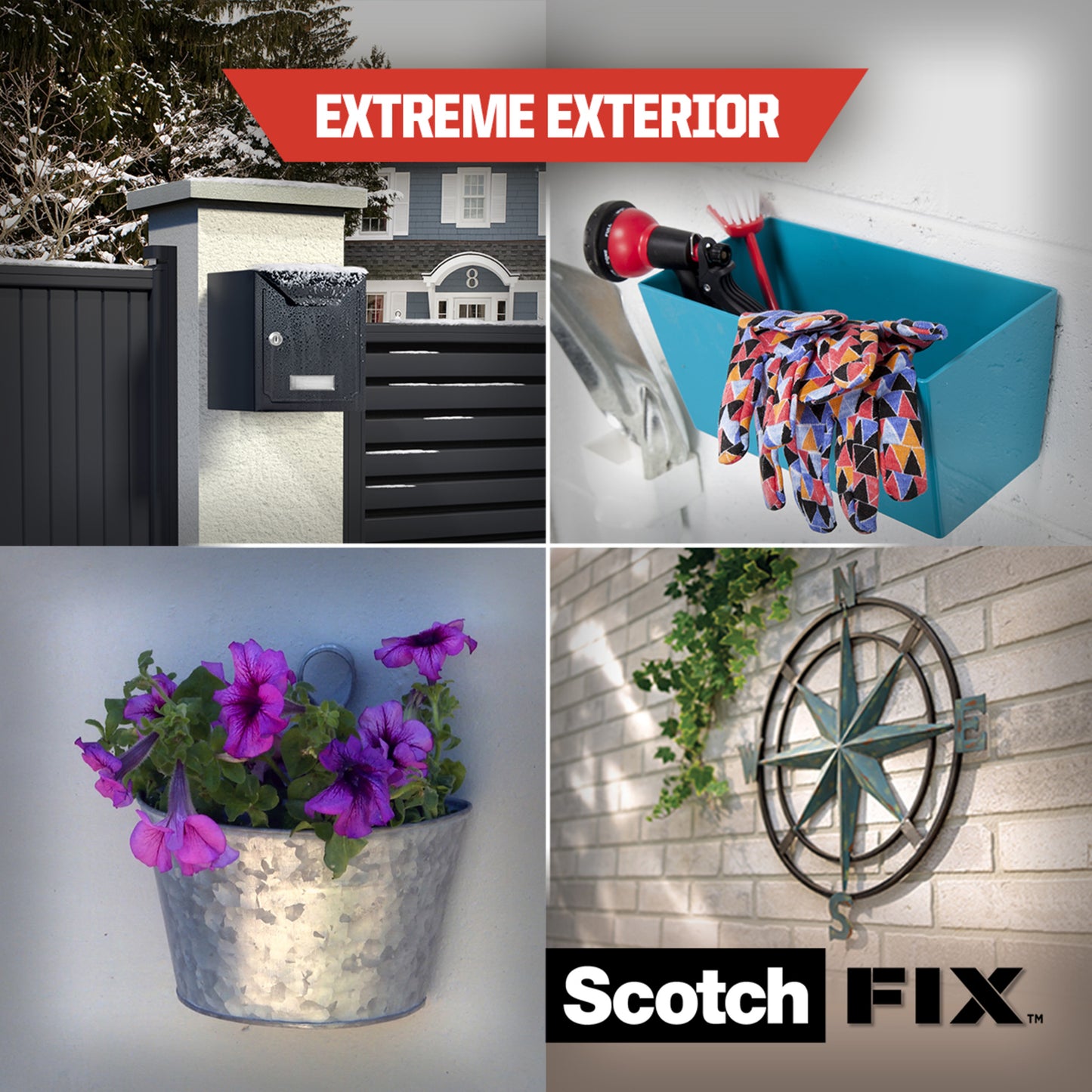 Eine Collage zeigt einen Briefkasten auf einer Säule, eine Kiste mit Bohrmaschine und Handschuhen, einen Metalltopf mit lila Blumen und einen Wandkompass, mit dem Logo der 3M Deutschland GmbH Scotch-FIX™ Extreme doppelseitiges Außenmontageband am unteren Rand.