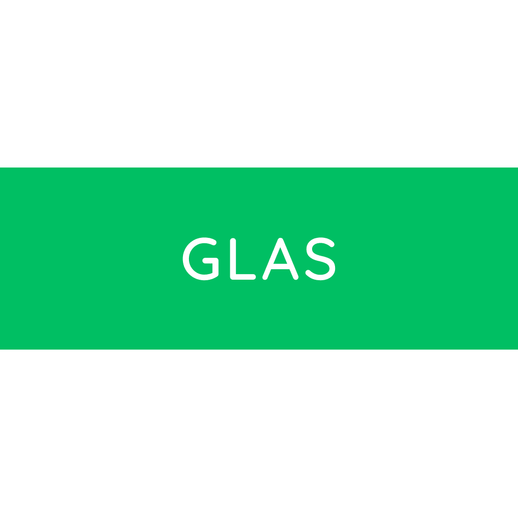 De Novocal gekleurde afvalsticker groot, met tekst: Glas (Groen) toont "GLAS" in witte hoofdletters op een krachtige groene achtergrond - ideaal als glasafvalsticker ter ondersteuning van de afvalscheiding van glas. De verpakking bevat 1 stuk.