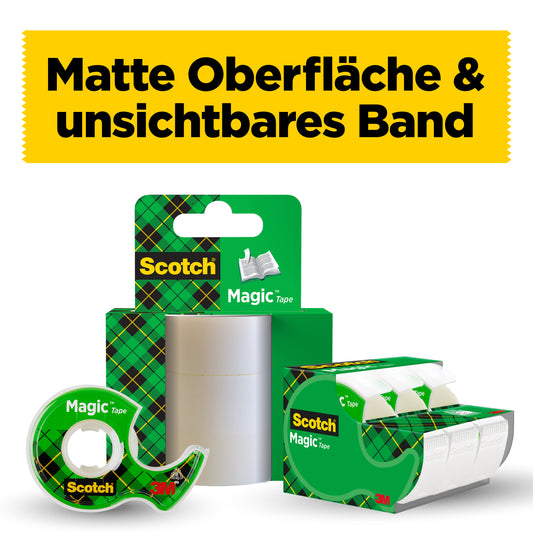 Ein Display mit Scotch® Magic™ Unsichtbares Klebeband (3 x 19 mm x 25 m) der 3M Deutschland GmbH plus 1 kostenloser Spender, in grüner Verpackung, mit einem deutschen Schild "Matte Oberfläche & unsichtbares Band" auf gelbem Hintergrund.