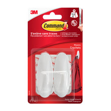 Eine Verkaufspackung Command™ Medium Designer-Haken, 17081-FGN der 3M Deutschland GmbH enthält zwei weiße Haken und Klebestreifen in einer Blisterpackung - ideal für die organisierte Aufbewahrung und Ordnung zu Hause.