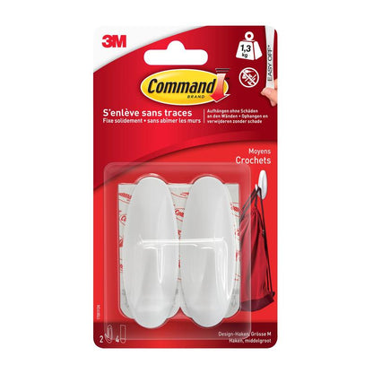 Un paquet de vente de crochets de designer moyen Command™, 17081-FGN de 3M Deutschland GmbH, contient deux crochets blancs et des bandes adhésives dans un emballage blister - idéal pour le rangement organisé et l'ordre à la maison.
