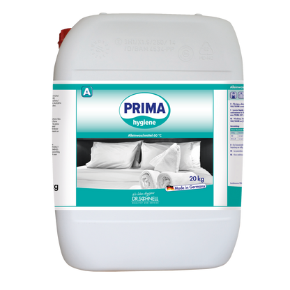 Ein weißer 20 kg Kunststoffbehälter mit der Aufschrift "Dr. Schnell PRIMA HYGIENE" der DR.SCHNELL GmbH & Co. KGaA, abgebildet mit gefalteten Handtüchern und Kopfkissen. Auf dem Etikett steht professionelle Reinigung und made in Germany.