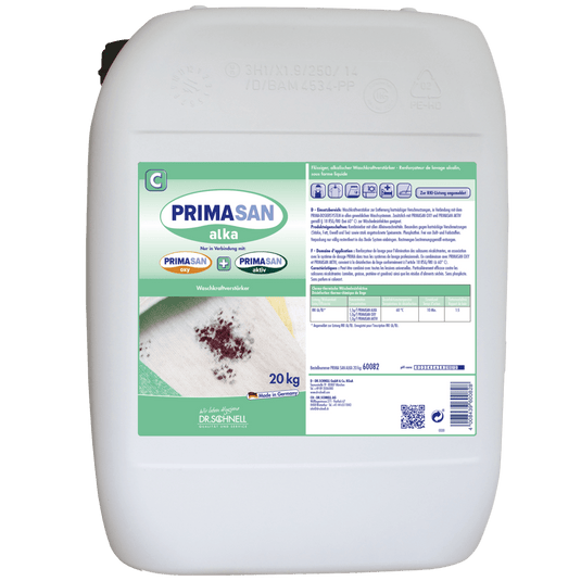 Een witte kunststofbak van 20 kg met het opschrift "Dr. Schnell "PRIMA SAN ALKA" van DR.SCHNELL GmbH & Co. KGaA, een alkalisch reinigingsmiddel voor professioneel gebruik, met gebruiksaanwijzingen, logo’s, een afbeelding van een vervuilde doek en veiligheidsvoorschriften voor commercieel gebruik.