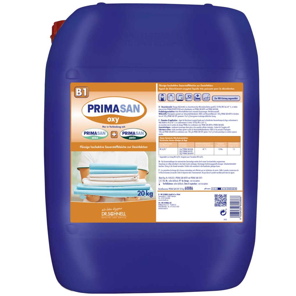 Ein großer blauer 20 kg Kunststoffbehälter mit der Aufschrift "Dr. Schnell PRIMA SAN OXY" der DR.SCHNELL GmbH & Co. KGaA, mit Produktangaben, Hygienehinweisen, Abbildungen von gefalteten Handtüchern auf dem Frontetikett, einer roten Kappe und der Verwendung als Desinfektionsmittel.