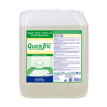 Ein 10-Liter-Kunststoffbehälter von Dr. Schnell QUICK TRIC von DR.SCHNELL GmbH & Co. KGaA, ein konzentriertes Reinigungsmittel für die professionelle Reinigung von Teppichen, Polstern, Decken und Wänden; das Etikett enthält Anweisungen und die Abbildung einer Couch und eines Teppichs.