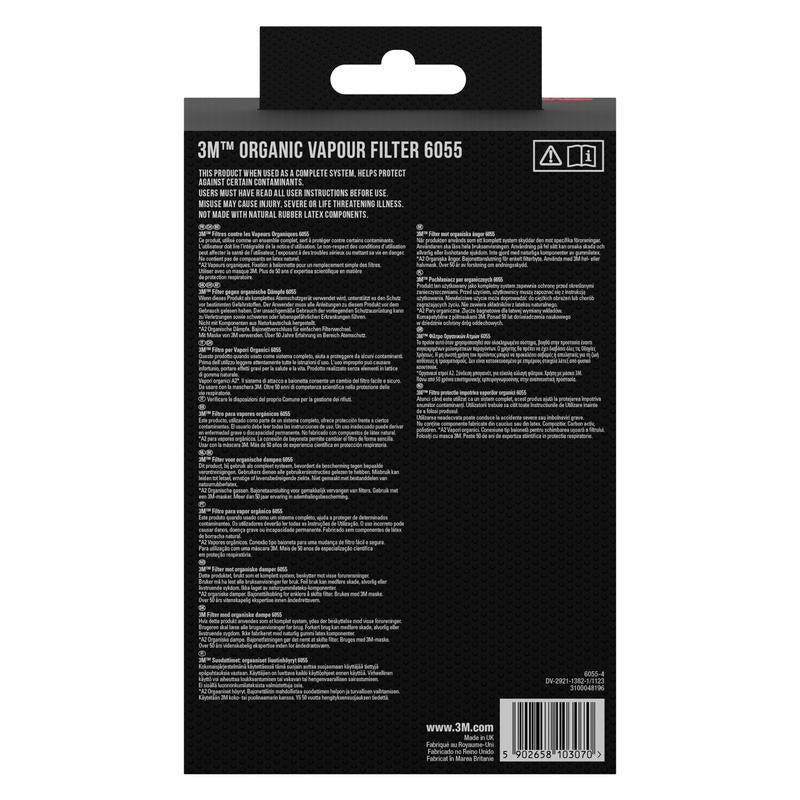 Achteraanzicht van de verpakking van de 3M™ Filterpatroon 6055, A2 Organische Damp van 3M Deutschland GmbH met meertalige instructies, productinformatie, waarschuwingen, een streepjescode en een website op een zwarte verpakking met witte tekst.