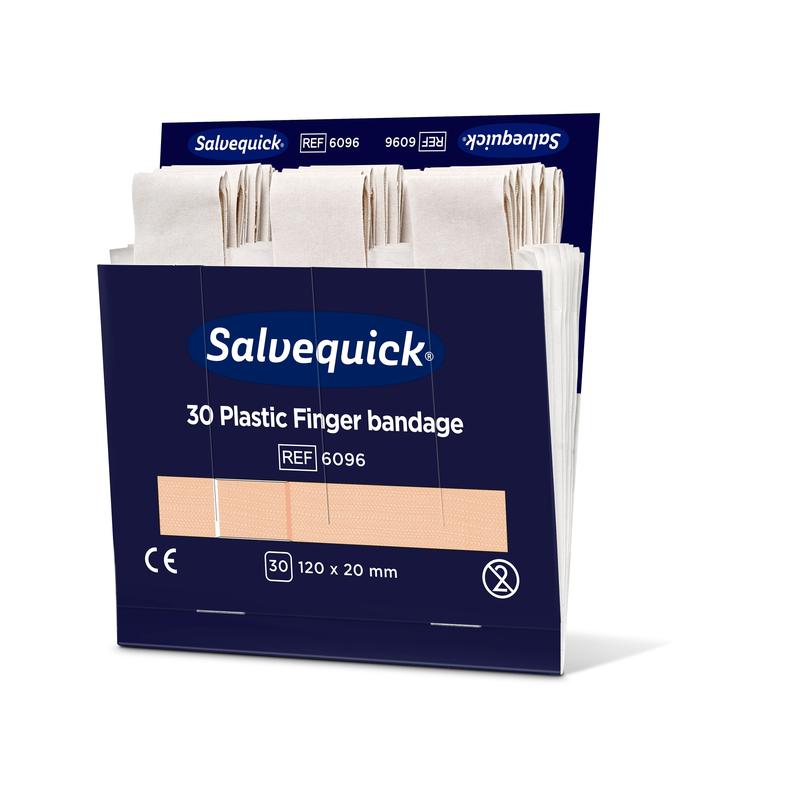 Une boîte de pansements pour doigts en plastique Orkla Wound Care AB, 120 x 20 mm, 30 pièces, montre plusieurs pansements beiges dans l'emballage bleu foncé ouvert avec une inscription blanche et bleue. Le paquet contient 6 pièces.