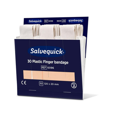 Une boîte de pansements pour doigts en plastique Orkla Wound Care AB, 120 x 20 mm, 30 pièces, montre plusieurs pansements beiges dans l'emballage bleu foncé ouvert avec une inscription blanche et bleue. Le paquet contient 6 pièces.