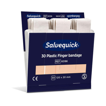 Une boîte bleu-blanc ouverte d'Orkla Wound Care AB avec l'inscription "Pansement pour doigt en plastique, 120 x 20 mm, 30 st/mine | Paquet (6 pièces)" contient des bandages emballés individuellement avec des dimensions : 120 x 20 mm.