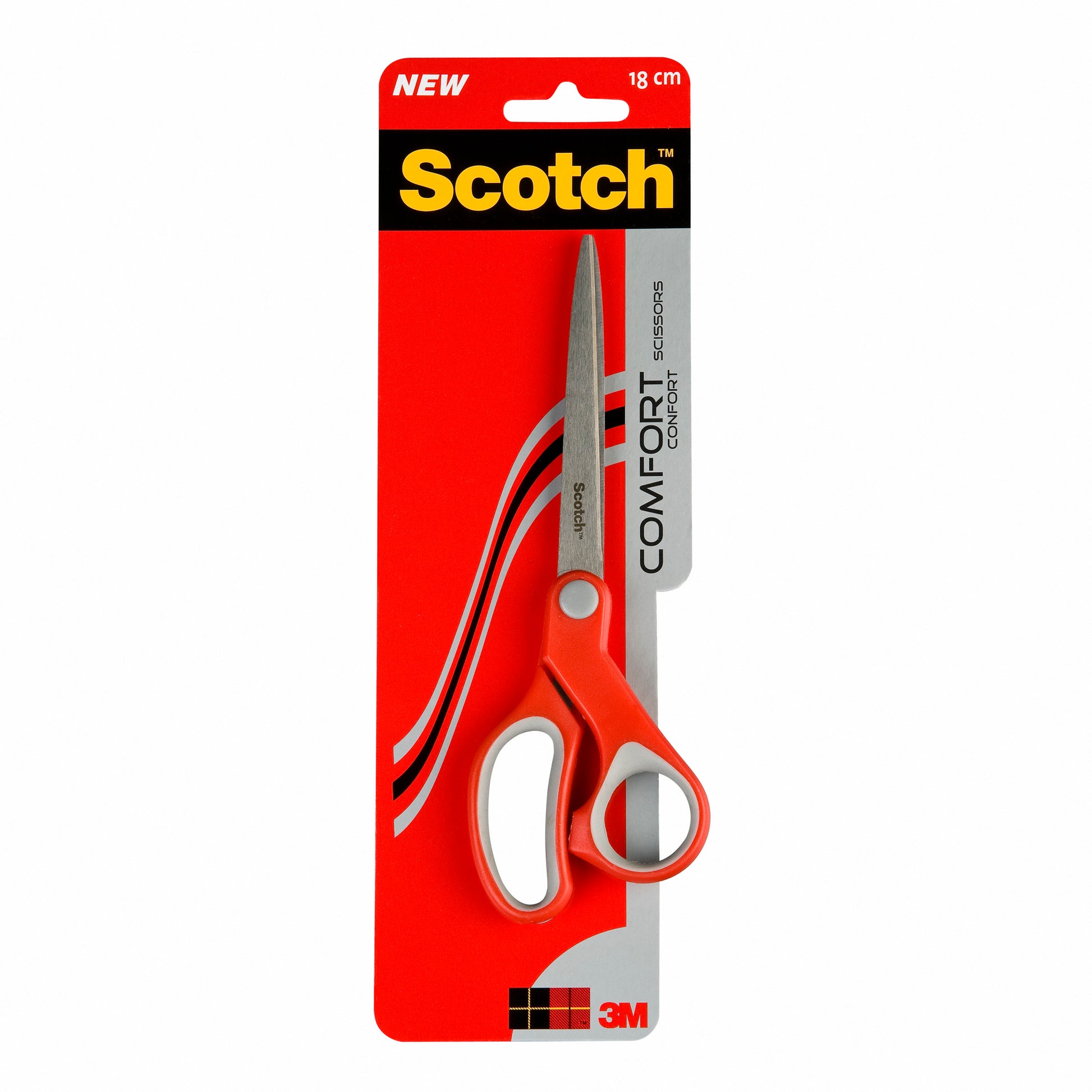 Eine Scotch™ Komfortschere der 3M Deutschland GmbH in rot, 18 cm, mit Kunststoff- und Kartonverpackung ist senkrecht auf einem rot-schwarzen Hintergrund abgebildet.