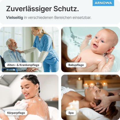 Eine Collage zeigt eine Krankenschwester, die einem älteren Mann hilft, ein Babybad, eine Frau, die ihre Schulter wäscht, und eine Wellness-Massage. Der Text "Zuverlässiger Schutz" hebt ARNOMED Einmalwaschhandschuhe Spunlace mit PE (ARNOWA GmbH), Beutel à 50 Stück hervor.