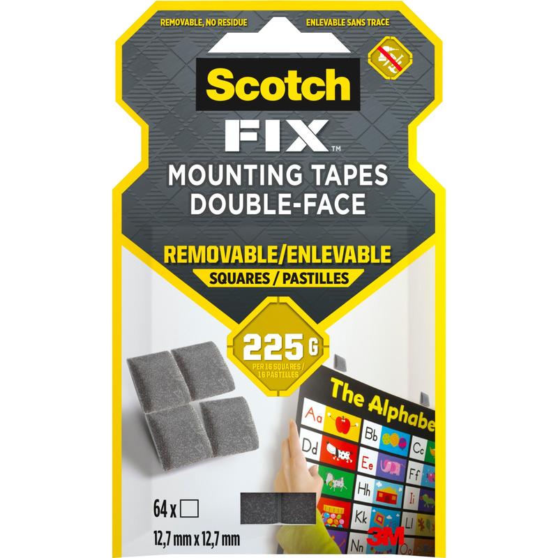 Emballage pour Scotch-FIX™ Carrés de montage amovibles 108-ST64-P (12,7 mm x 12,7 mm, 64 pièces) de 3M Deutschland GmbH : Montre quatre tampons adhésifs sans résidus (jusqu'à 225 g) avec application sur un tableau de lettres et le logo 3M en bas à droite.