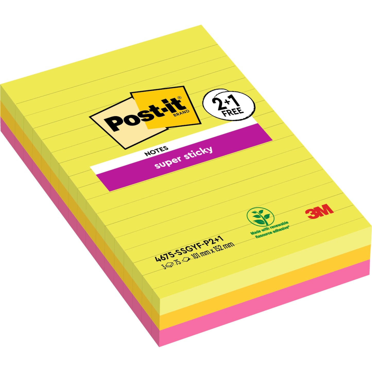 Un paquet de Post-it® Super Sticky Notes grand format, 101 x 152 mm, ligné, en différentes couleurs. Contient 3 blocs de 75 feuilles chacun (SGSCH-PEFC-COC-110078). De 3M Deutschland GmbH, avec certification PEFC.