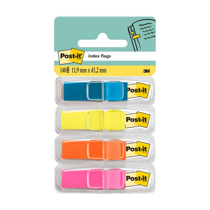 Un paquet de bandes adhésives Post-it® Index, Mini (11,9 mm x 43,2 mm), de 3M Deutschland GmbH, contient quatre bandes colorées (bleu, jaune, orange, rose) dans des distributeurs avec des étiquettes montrant le logo et les détails du produit en anglais et en métrique.