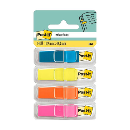 Un paquet de bandes adhésives Post-it® Index, Mini (11,9 mm x 43,2 mm), de 3M Deutschland GmbH, contient quatre bandes colorées (bleu, jaune, orange, rose) dans des distributeurs avec des étiquettes montrant le logo et les détails du produit en anglais et en métrique.